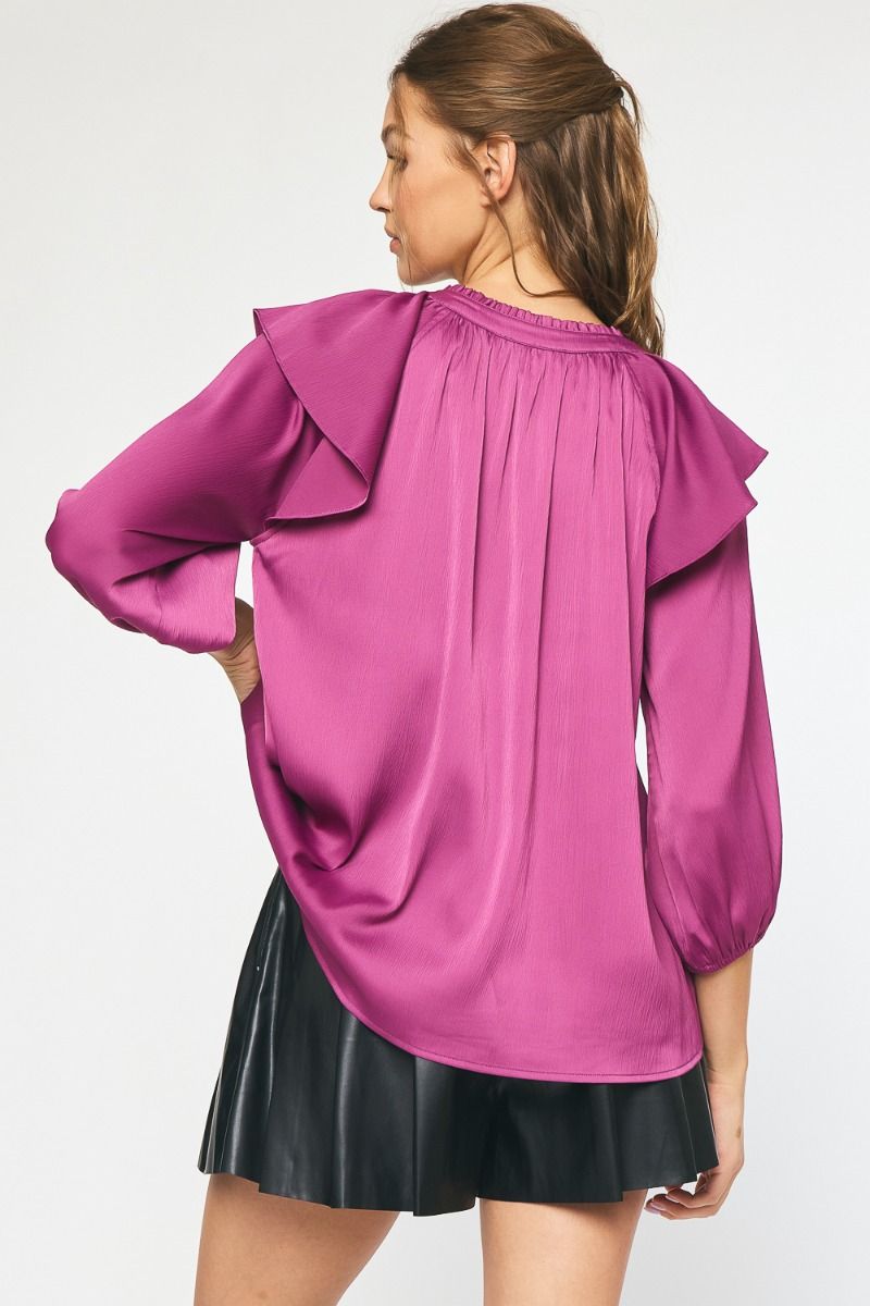 Violet Satin Ruffle Shoulder Top