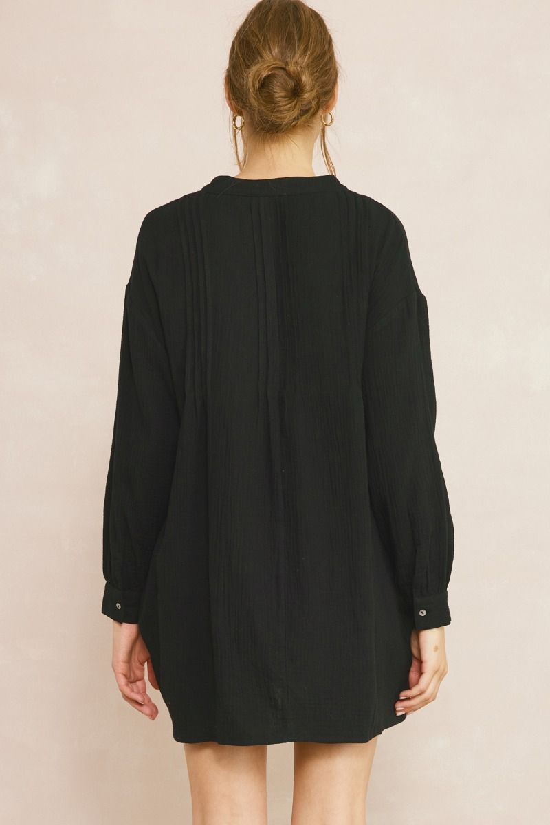 Black Pleated Button Dress