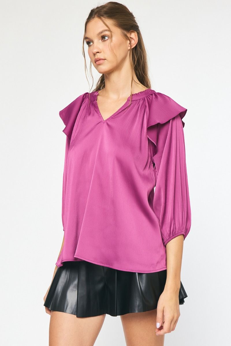 Violet Satin Ruffle Shoulder Top