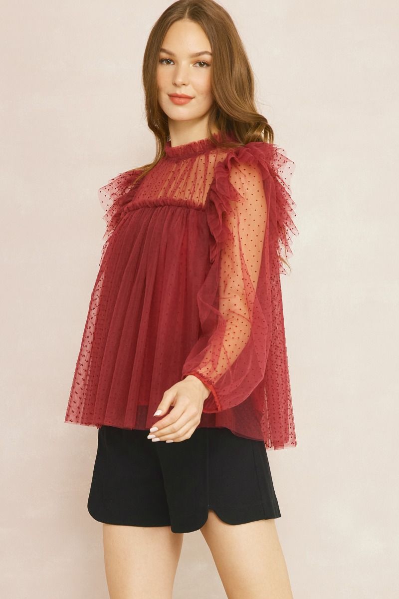 Burgundy Ruffle Dot Top