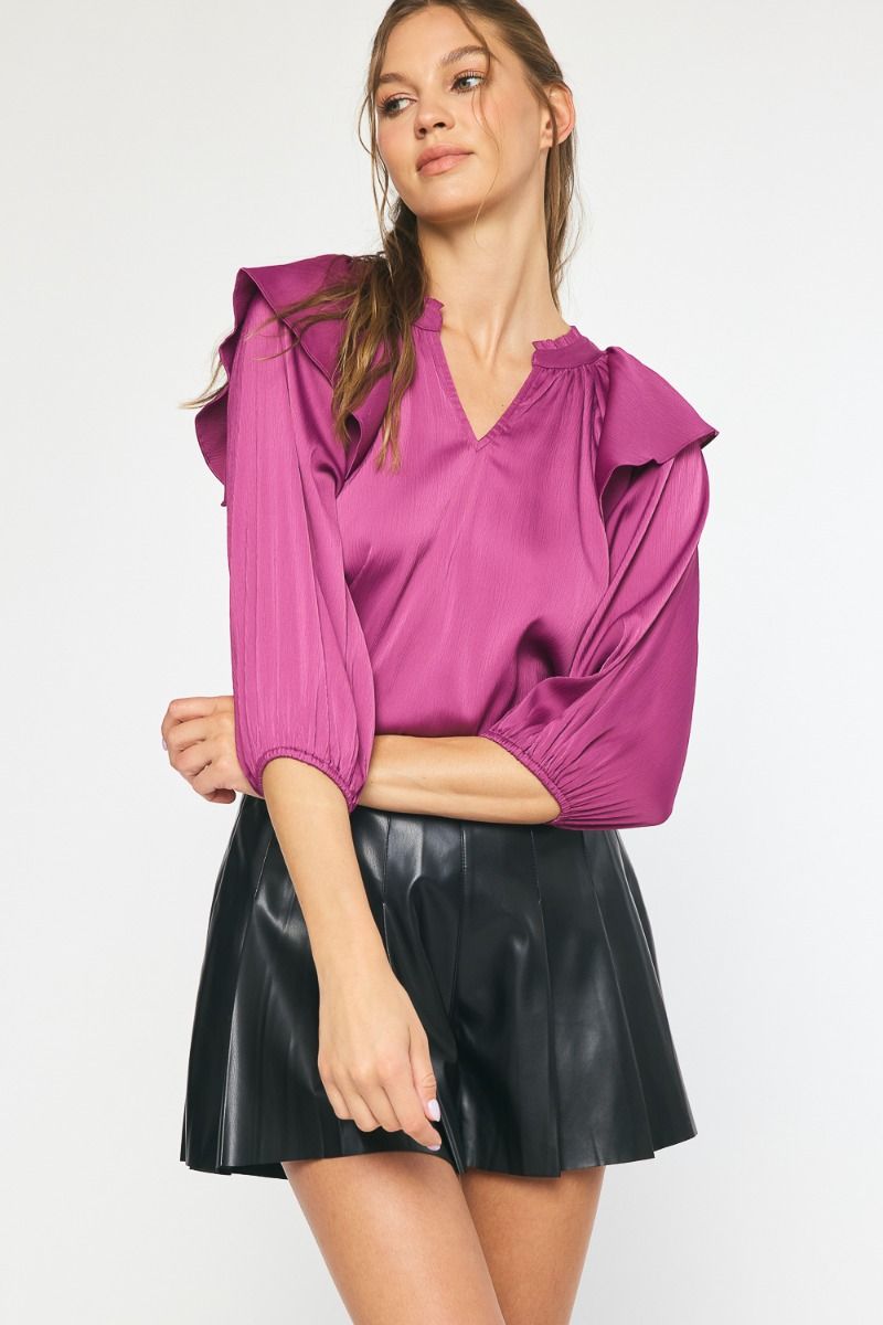 Violet Satin Ruffle Shoulder Top