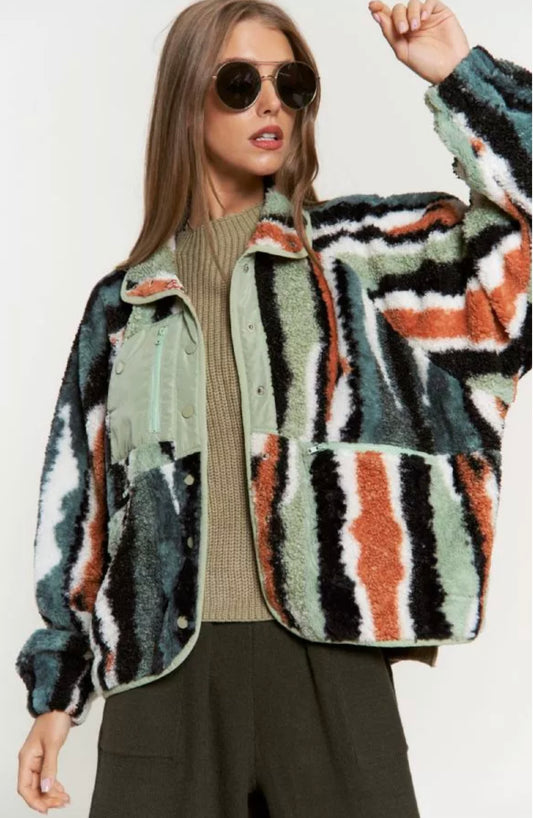 Fuzzy Multi Color Textured Zipper Pocket jacket