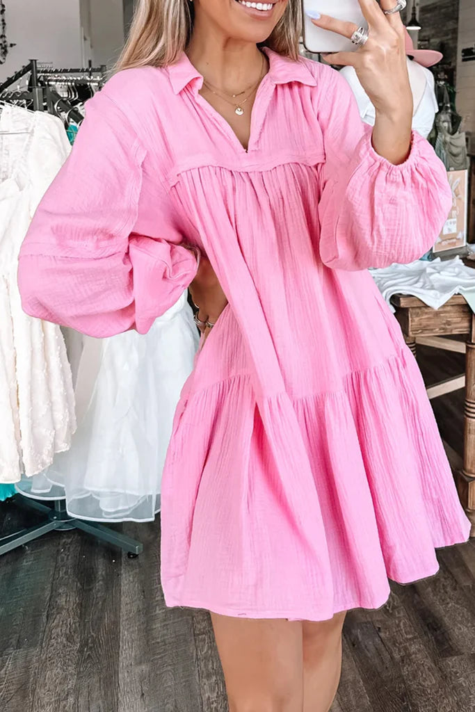 Pink Gauze Collard Long Sleeve Dress