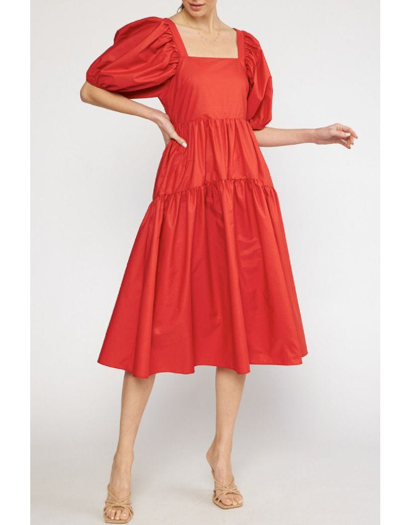 Rust Puff Sleeve Midi Dress