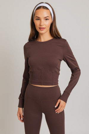 Long Sleeve Round Neck Corset Waist Top