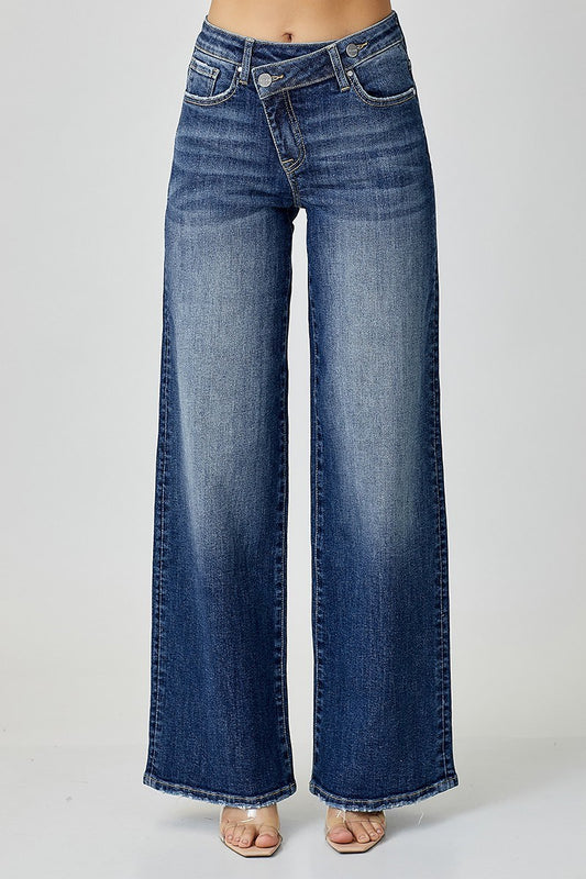 Mid Rise Crossover Wide Leg Jeans - Dark