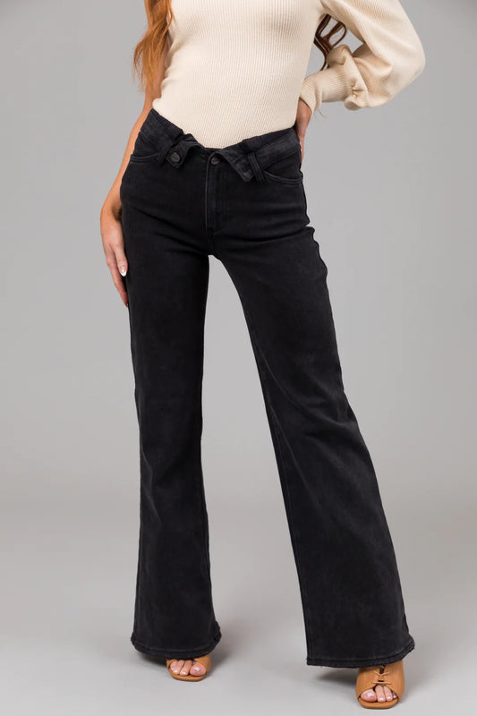 Black Mid Rise Folded Waist Wide Leg Jeans