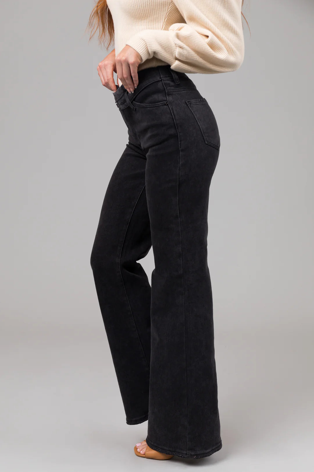 Black Mid Rise Folded Waist Wide Leg Jeans