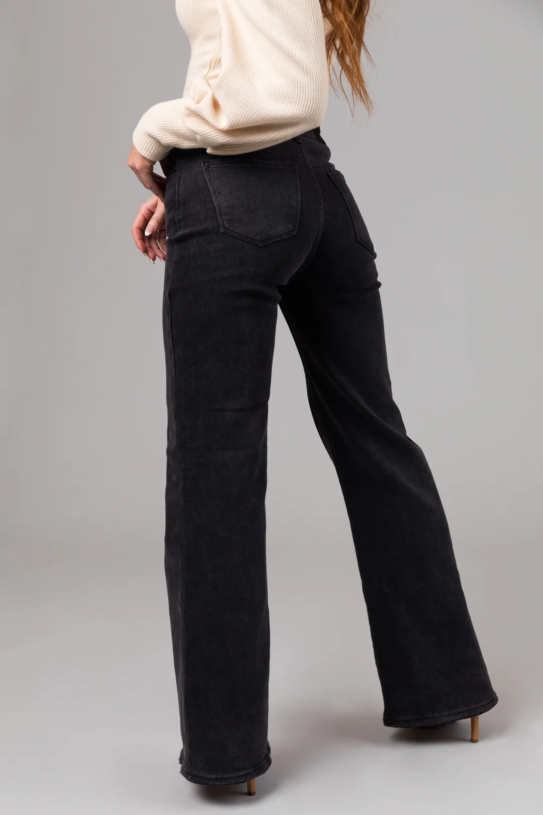 Black Mid Rise Folded Waist Wide Leg Jeans