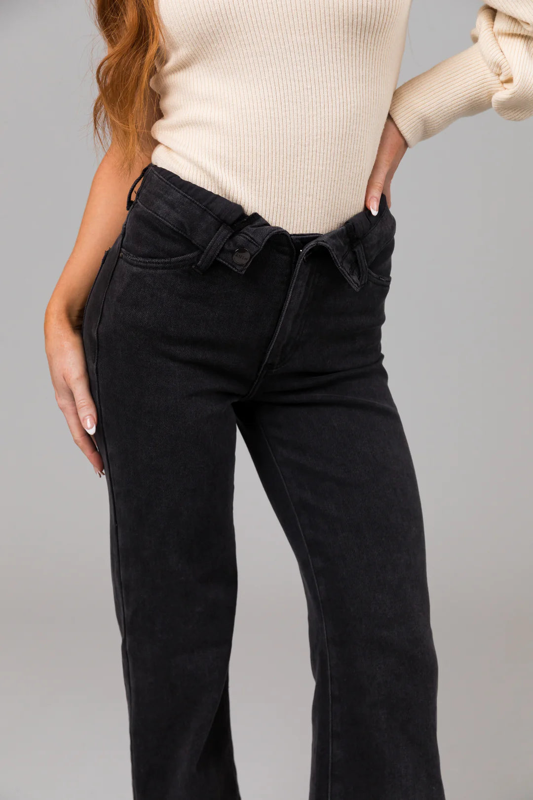 Black Mid Rise Folded Waist Wide Leg Jeans