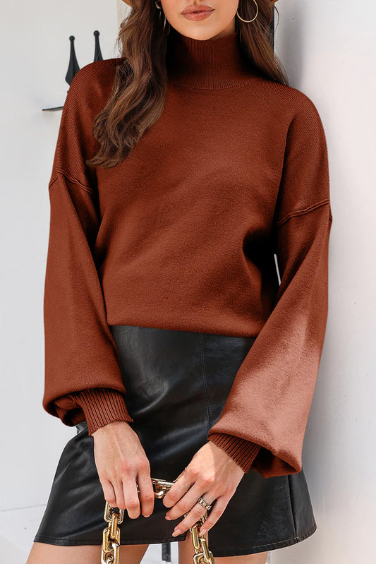 Brown Turtleneck Lantern Long Sleeve Sweater