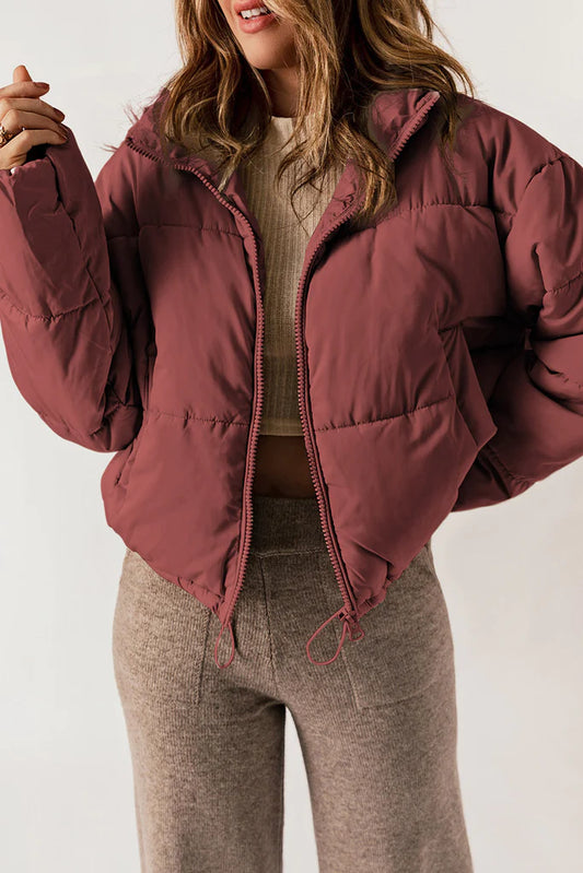 Burgundy Zip Up Drawstring Puffer Coat