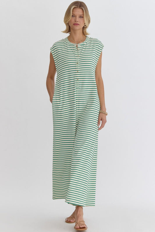 Green Stripe Print Sleeveless Wide Leg Jumpsuit