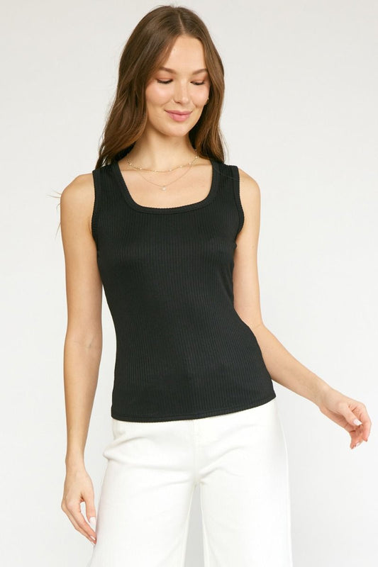 Black Ribbed Square Neck Sleeveless Top